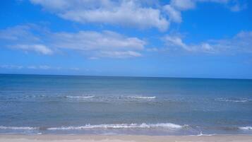 Ein Strand mit blauem Himmel und ruhiger Brandung.