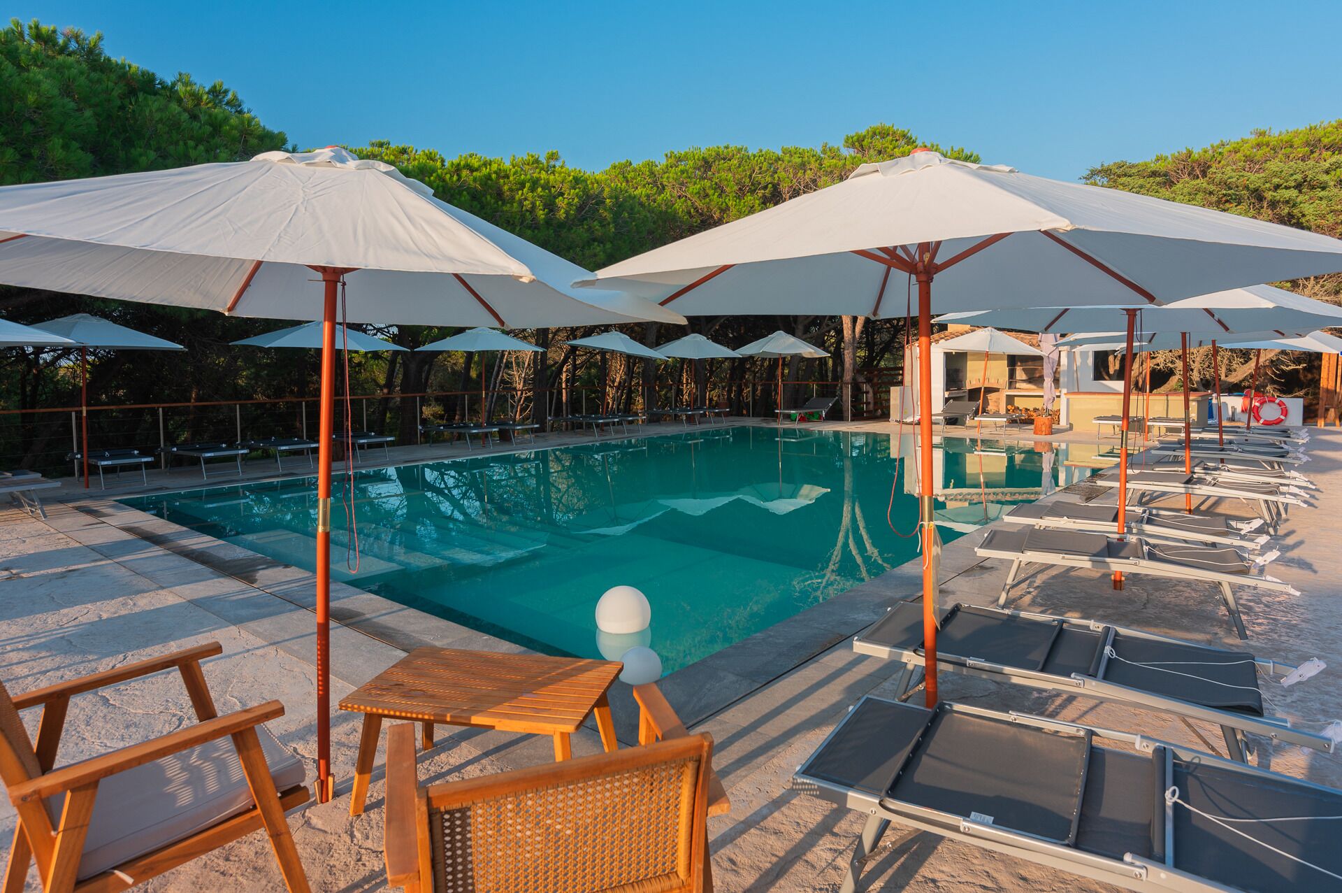 Un espace piscine agrémenté de chaises longues et de parasols, entouré de verdure.