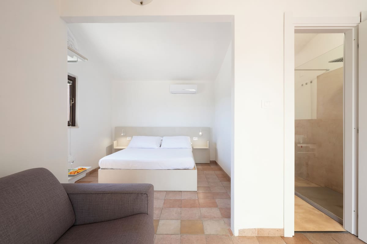 Une chambre moderne comprenant un lit, des tables de chevet, un canapé et un espace douche.