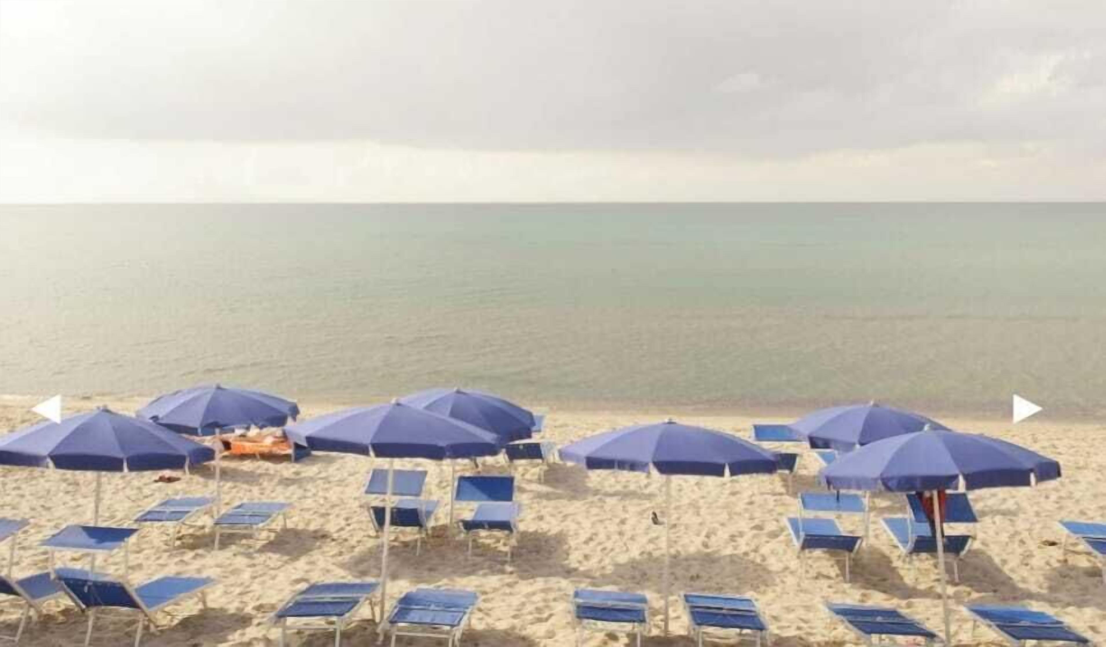 A beach with rows of sun loungers and umbrellas.
