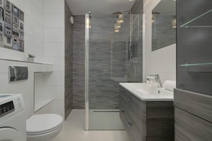 Shower, hair dryer, shampoo