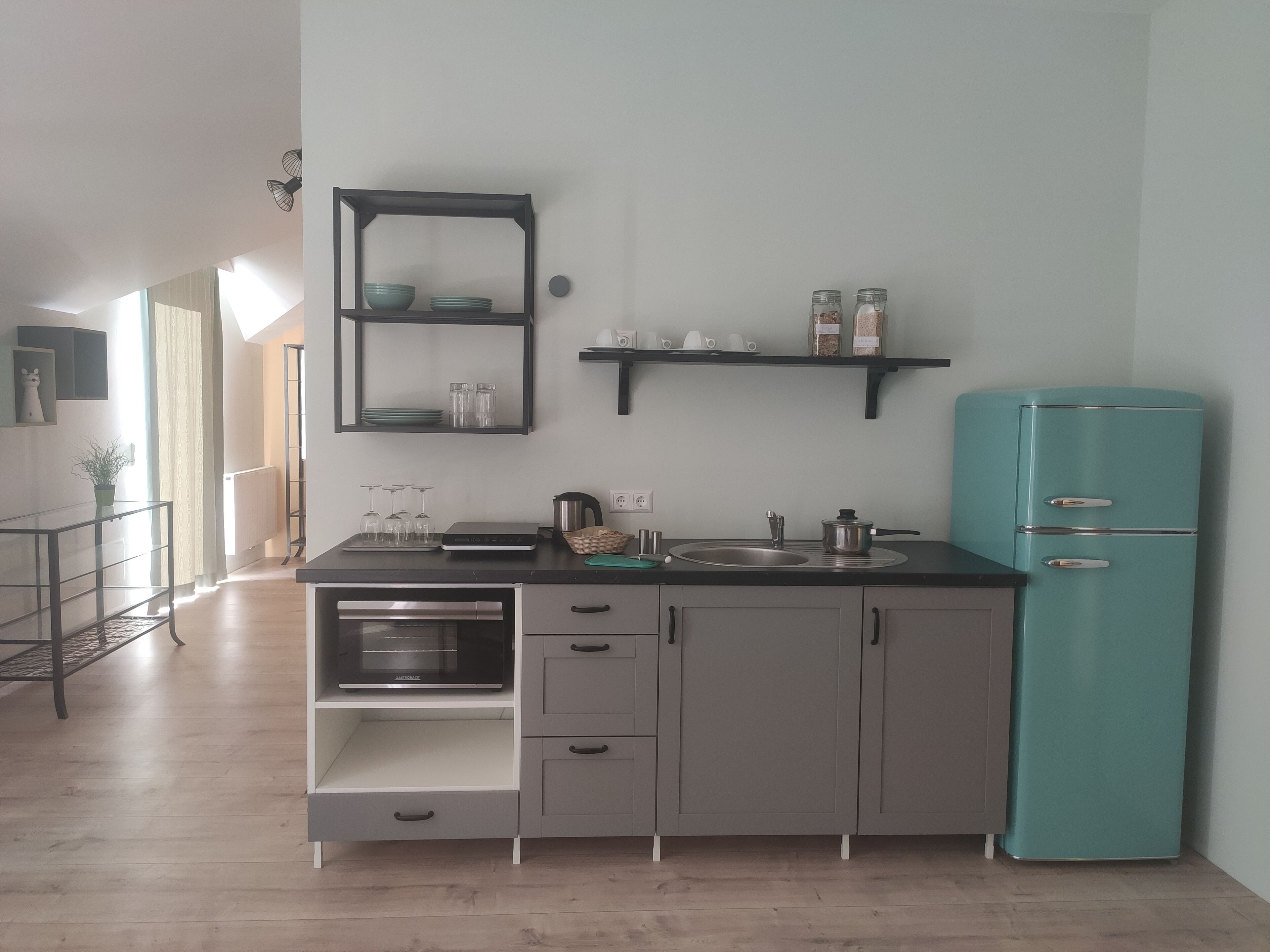 Studio | Private kitchen | Full-size fridge, oven, stovetop, electric kettle