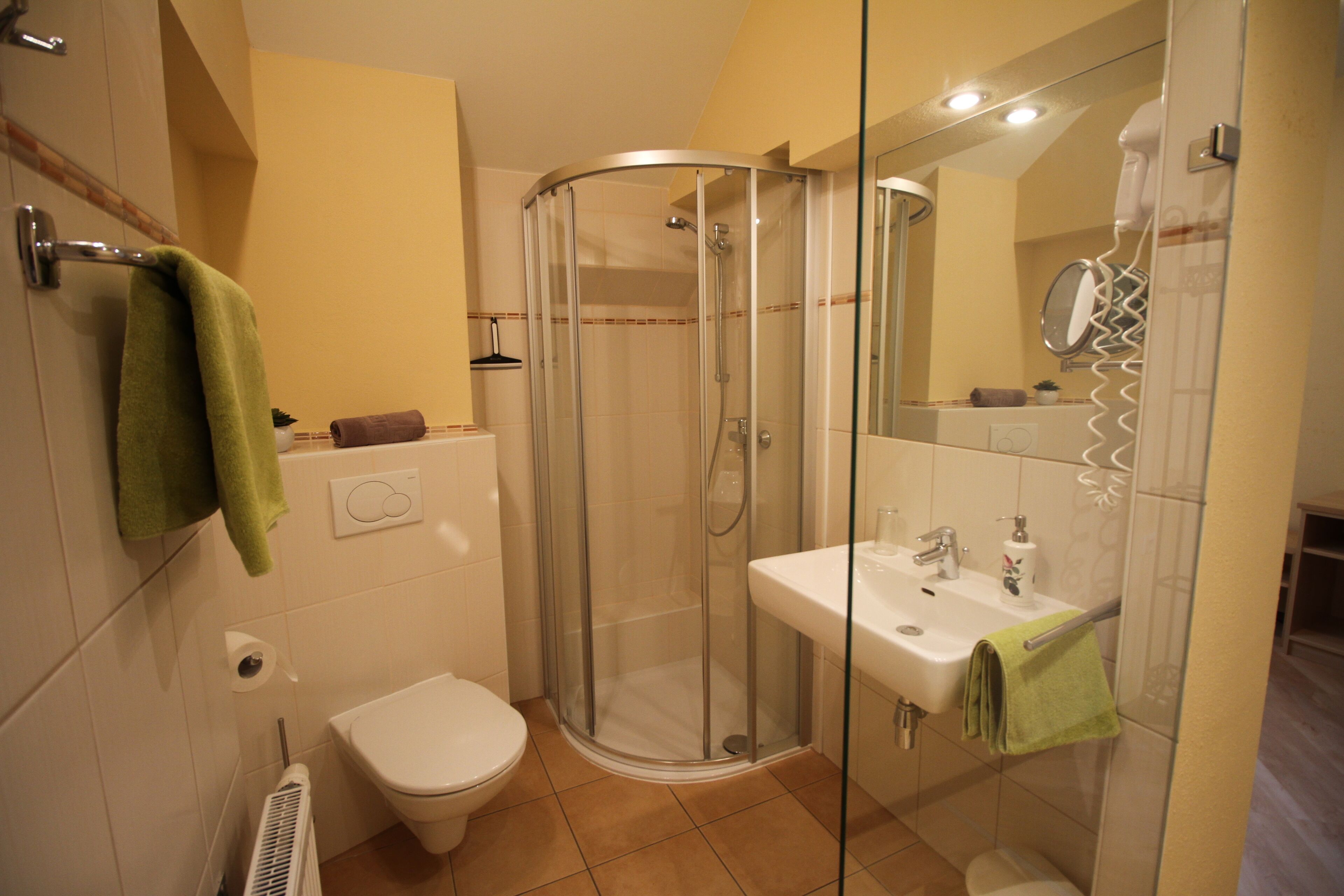 A bathroom with a glass-enclosed shower, a toilet, a sink with a towel, and a mirror.
