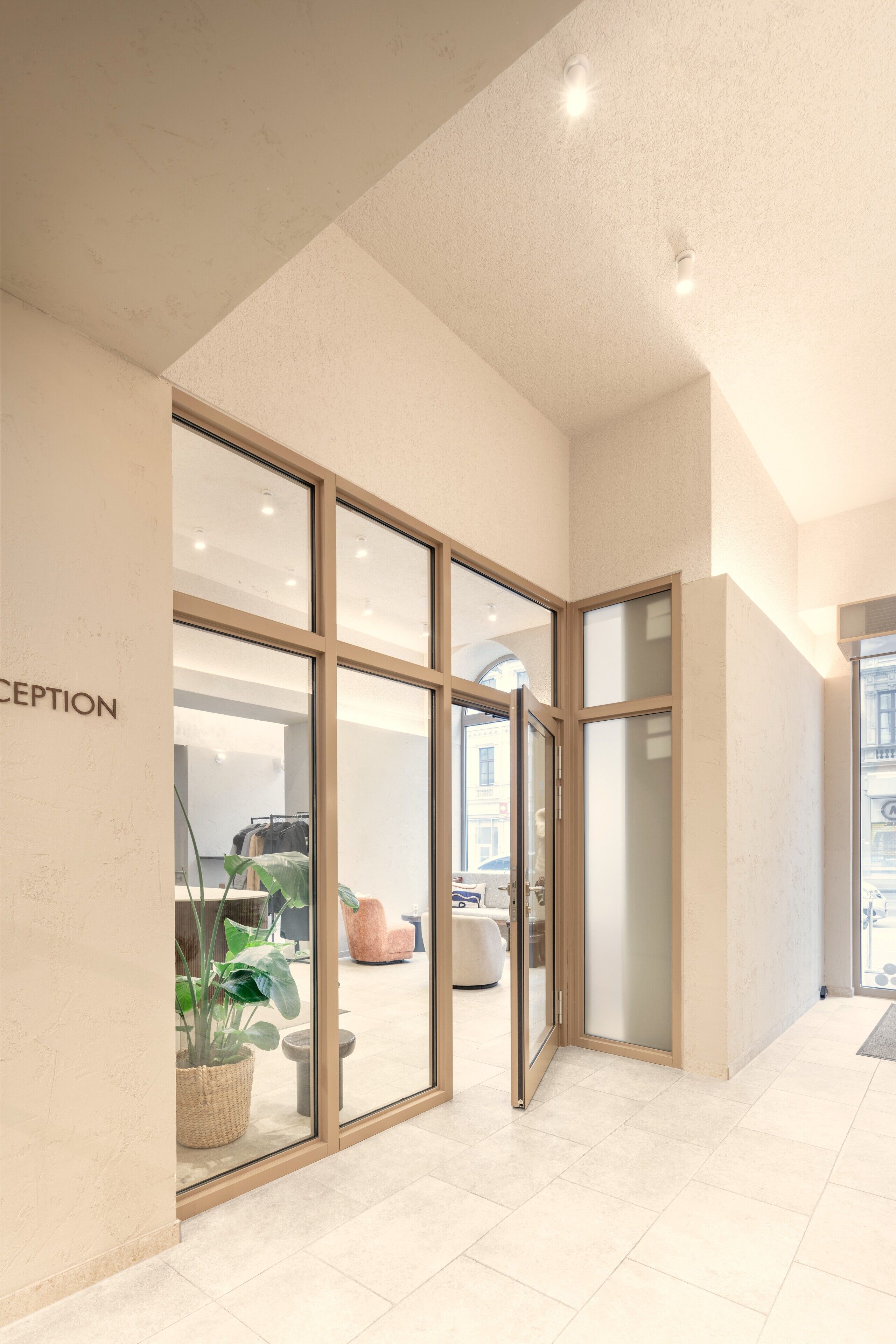 Un área de recepción con puerta de cristal, mostrador de recepción y una planta en maceta.