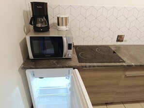 Fridge, microwave, stovetop, coffee/tea maker