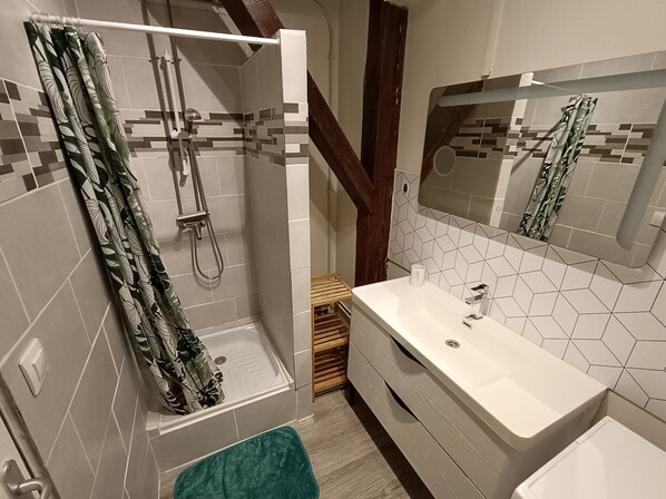Shower, hair dryer, towels, toilet paper