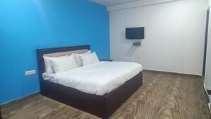 A bedroom with a bed, a ceiling fan, and a TV on the wall. - Hotel Royal Inn (New Delhi)