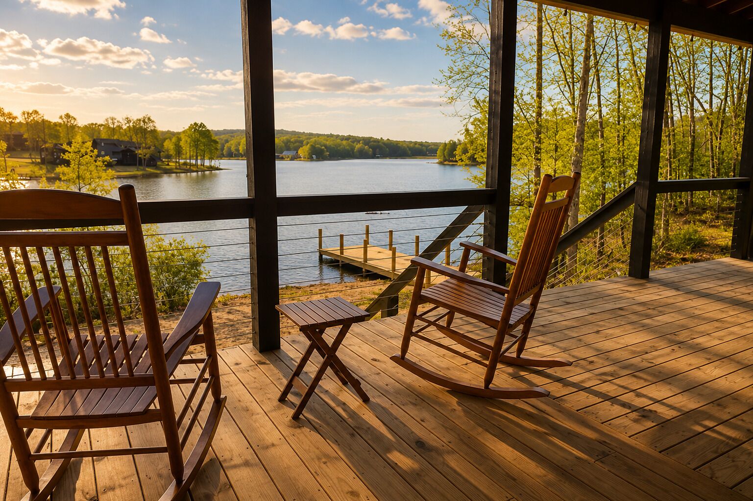 Une terrasse en bois avec deux fauteuils à bascule donnant sur un lac.
