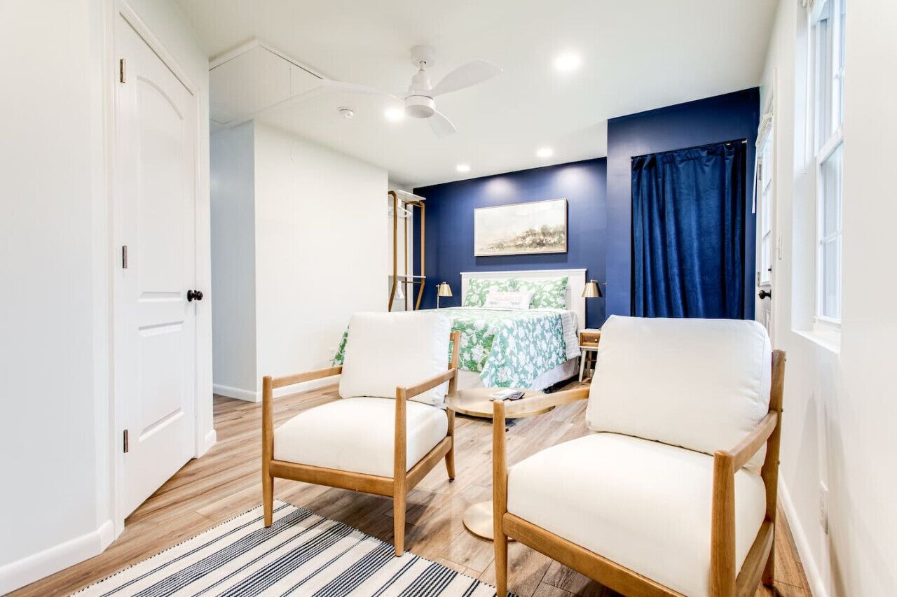 1 bedroom, desk, iron/ironing board, travel cot