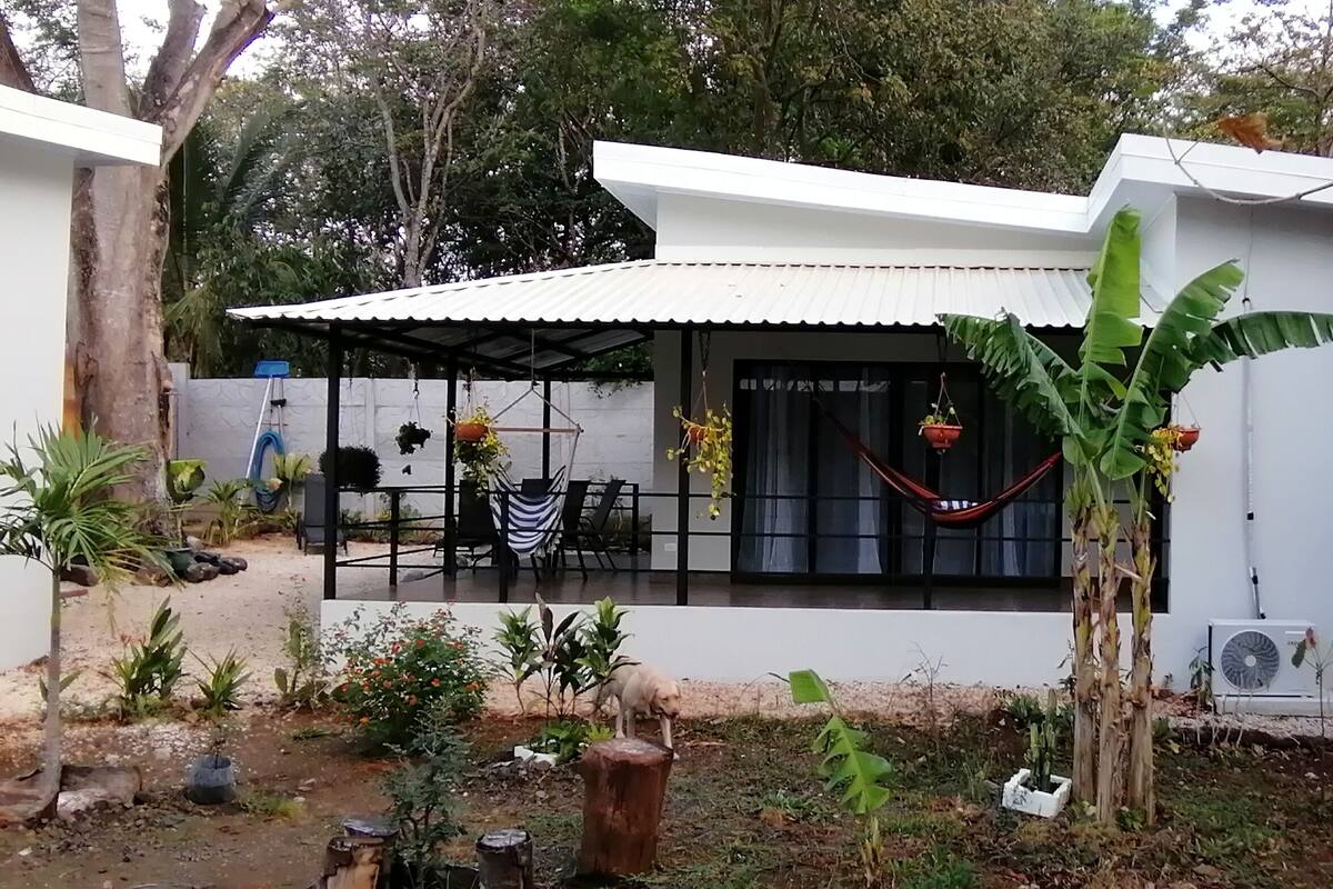 Una casa moderna con un porche cubierto, un comedor con sillas y un jardín con diversas plantas.
