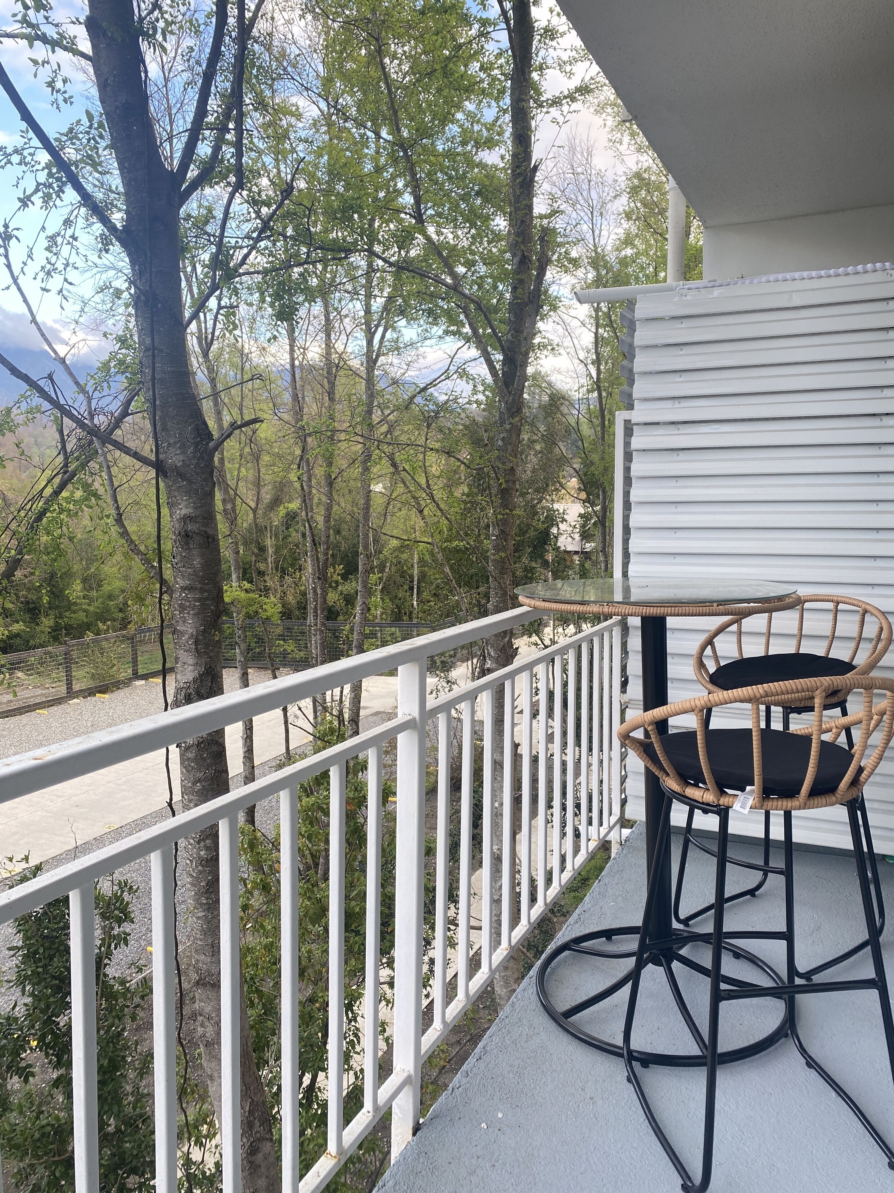 A balcony with a white railing, a wicker chair with a black cushion, and a view of a forested area with trees and a road in the background.