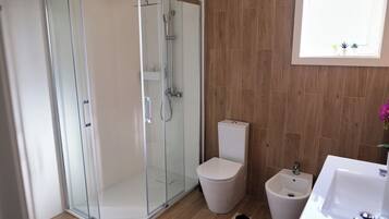 Shower, hair dryer, bidet, towels