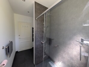 A modern bathroom with a glass shower enclosure, a white door, and a towel rack.