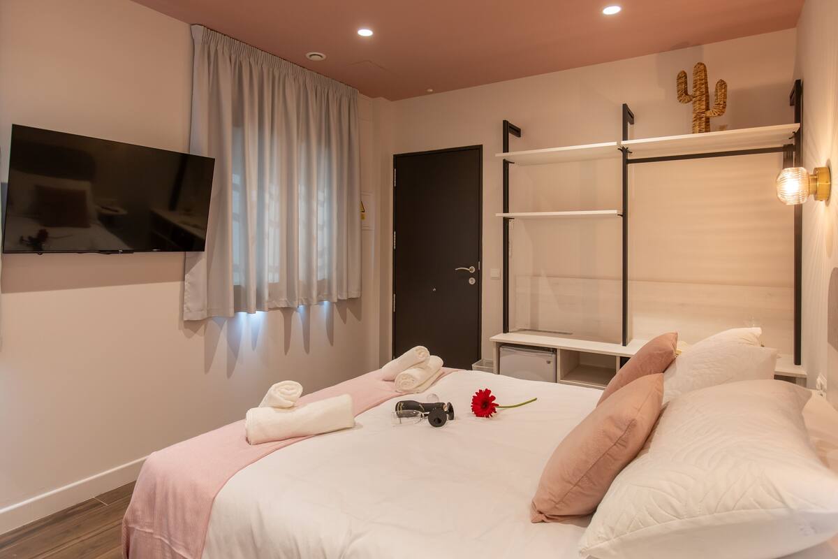 A hotel room with a bed, a television, a wardrobe, and a cactus decoration.