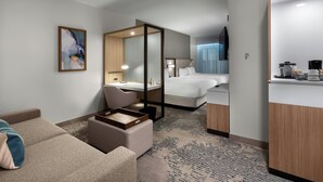 A hotel room with a bed, a desk, a chair, a sofa, and a large mirror.