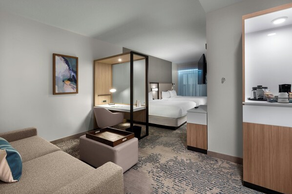 Habitación de hotel con cama, escritorio, silla, sofá y un espejo grande.