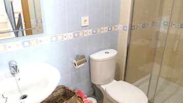 Une salle de bain avec un lavabo, des toilettes et une douche.