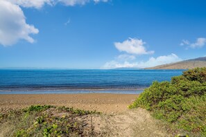 Enjoy serene ocean views from this secluded beach with calm waters and lush vegetation.