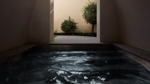 Una piscina interior con vistas a un jardín a través de un arco.