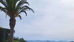 A swimming pool with a view of the sea and hills.