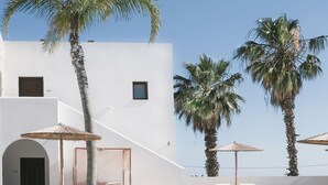 Een zwembadgedeelte met ligbedden en parasols, palmbomen en een wit gebouw met een deur en raam.