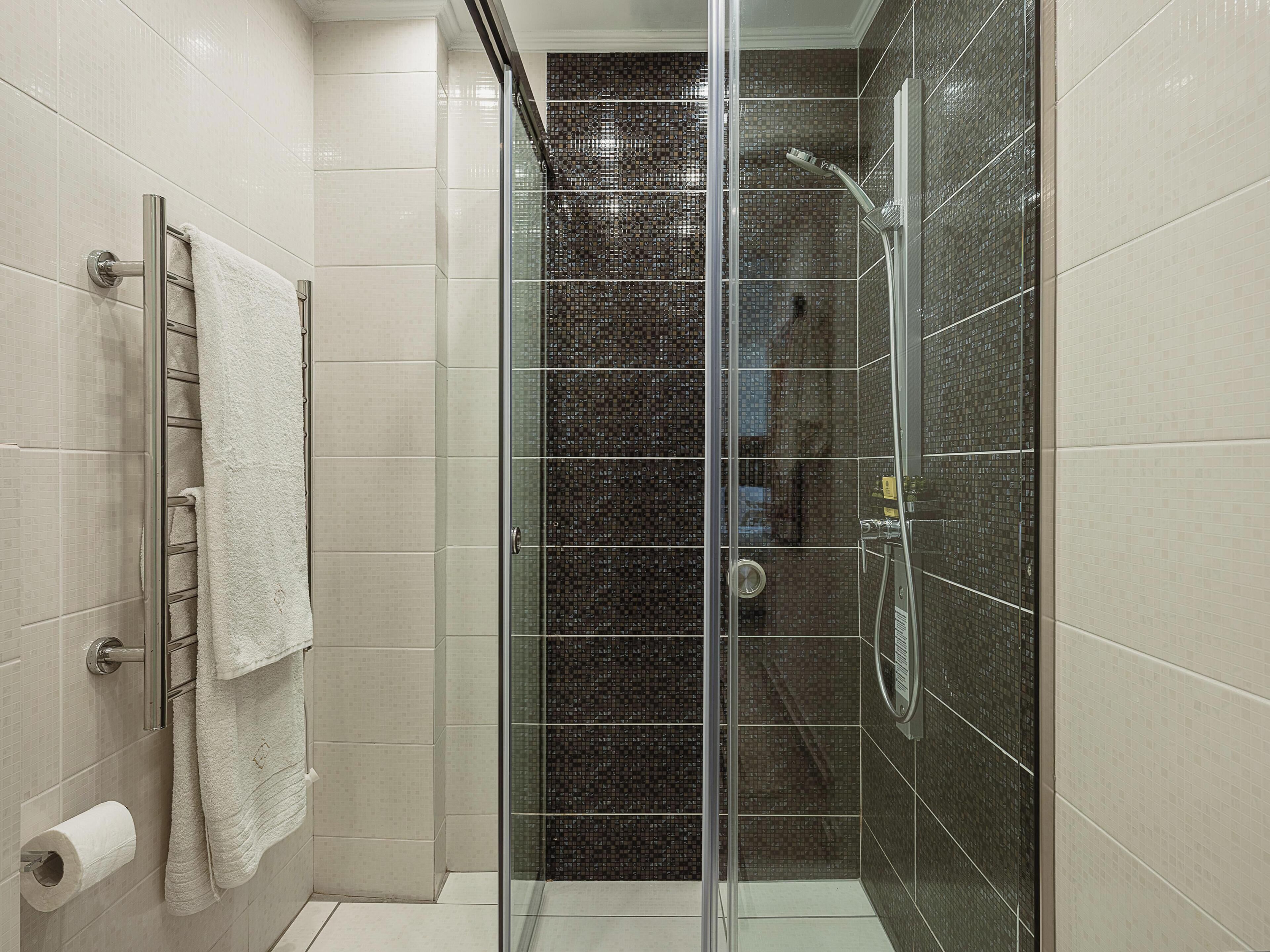 A glass-enclosed shower with a tiled wall, a towel rack, and a toilet paper holder.