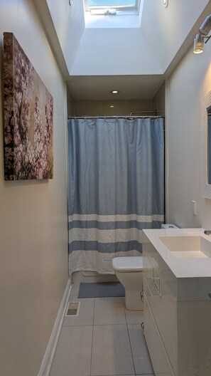 Hair dryer, towels, soap, shampoo