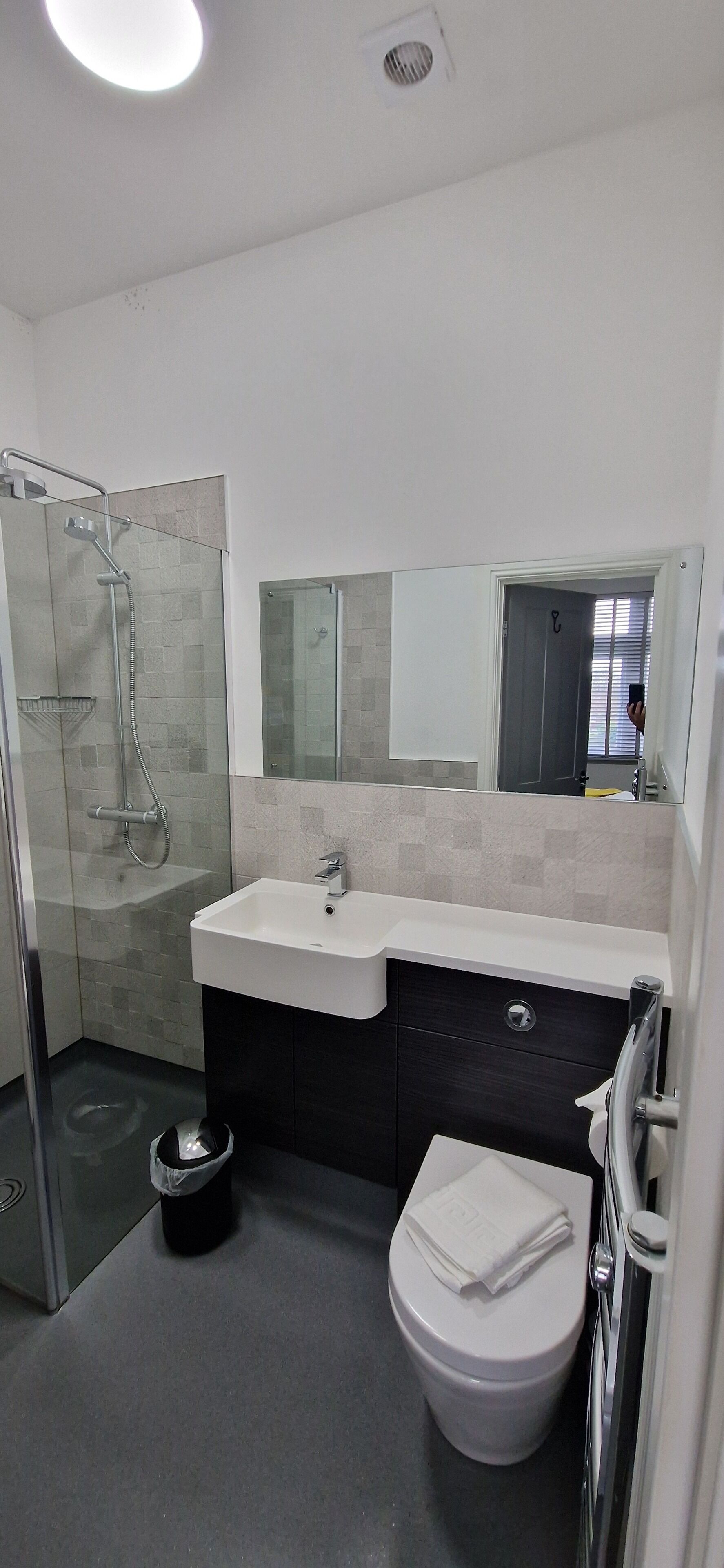 A modern bathroom with a glass-enclosed shower, a white sink, and a toilet.