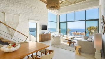 Deluxe Villa | Living area | 50-inch Smart TV with satellite channels, fireplace, printers