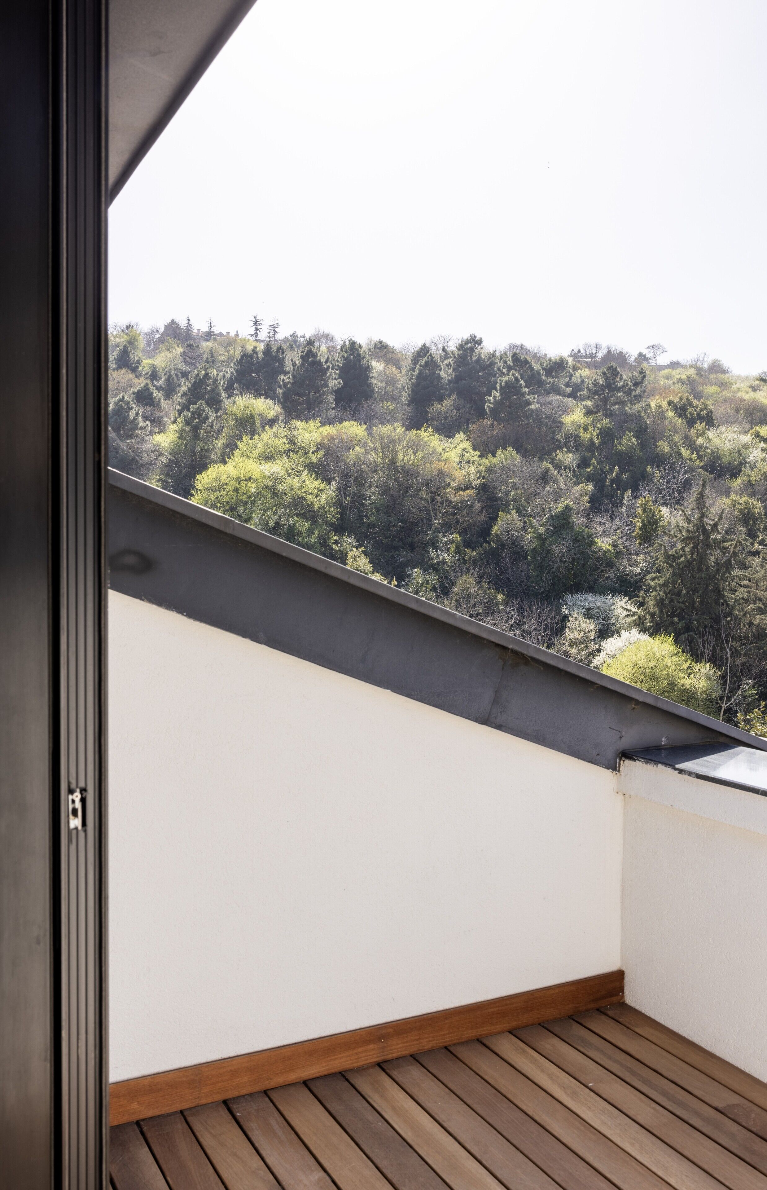 A balcony with a view of a forested hillside.