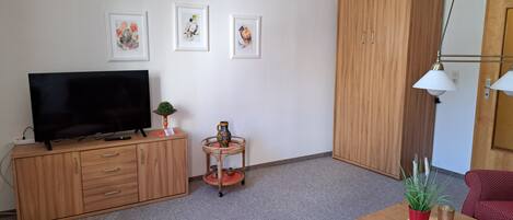 A living room with a TV, wooden cabinet, two framed pictures, a red ottoman, and a wooden table with a plant.