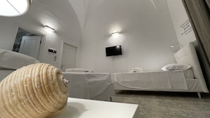 A hotel room with two beds, a flat-screen TV mounted on the wall, and a decorative shell on the table. - Donna Grazia  (Gallipoli)