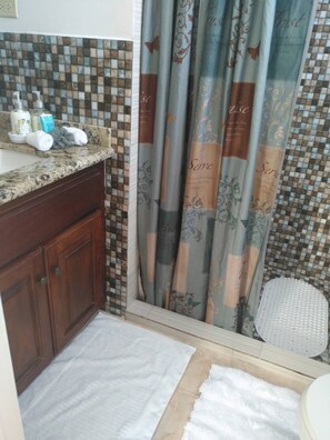 Shower, hair dryer, towels, soap