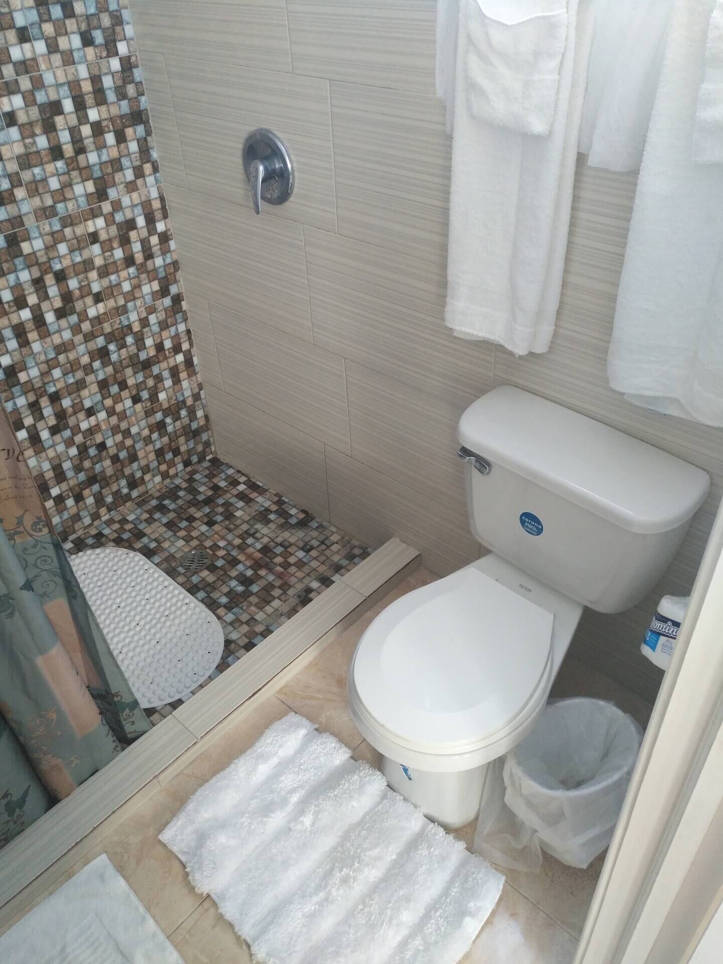 Une salle de bain avec une douche carrelée, des toilettes blanches et une poubelle blanche.