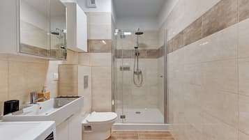 Classic Apartment | Bathroom | Shower, hair dryer, toilet paper