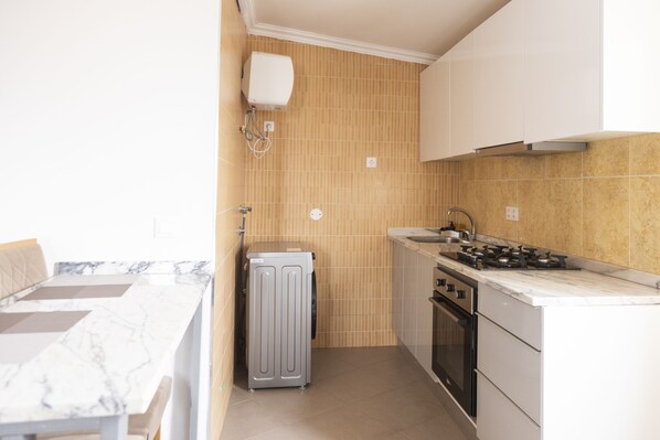 Fridge, oven, stovetop, cookware/dishes/utensils