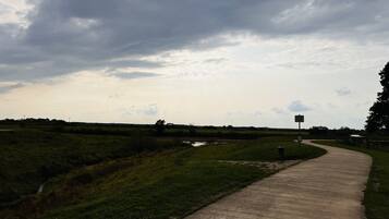 A concrete path curving through a grassy field with a cloudy sky above.