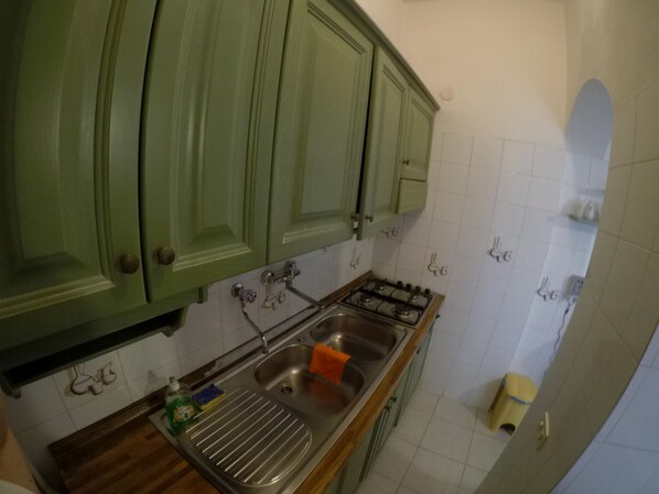 Una cocina con gabinetes verdes, un lavamanos de acero inoxidable y una estufa a gas.