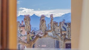 A tree with a unique, twisted trunk structure in a courtyard with buildings and mountains in the background. - Miranda s Home in Varenna (Varenna)