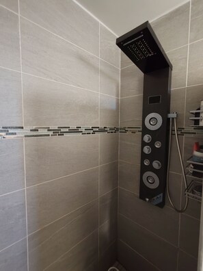 Hair dryer, towels, soap, shampoo