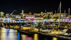 Ein Yachthafen bei Nacht mit vertäuten Booten, einem Kanal und Gebäuden mit beleuchteten Schildern.