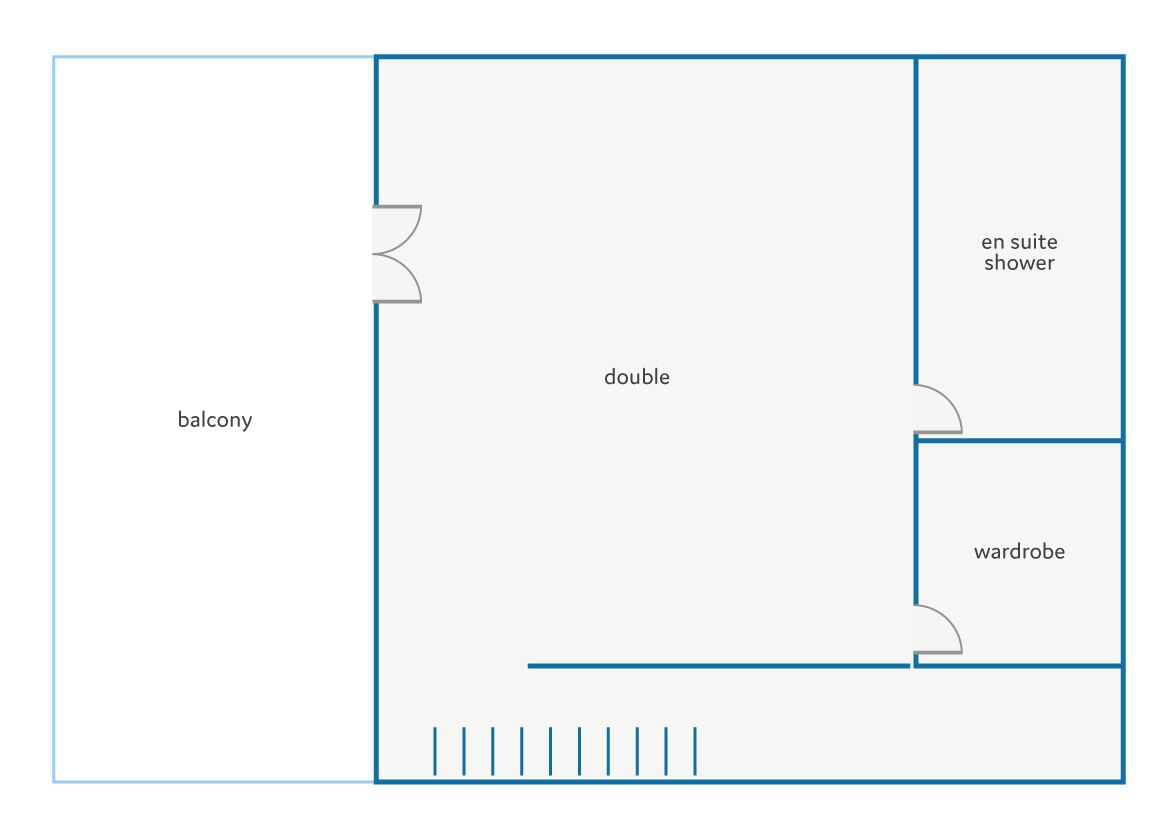 Plattegrond met balkon, tweepersoonskamer, eigen douche en kledingkast.