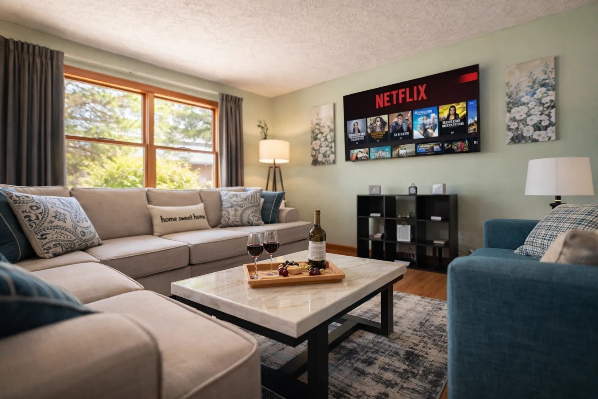 Smart TV, fireplace, books