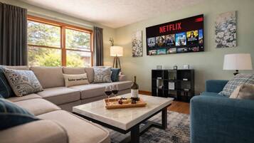 Smart TV, fireplace, books