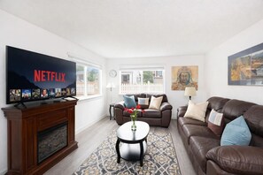 Smart TV, fireplace, books