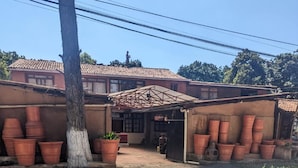 A residential area with terracotta pots, a tree, and a house with a tiled roof.
