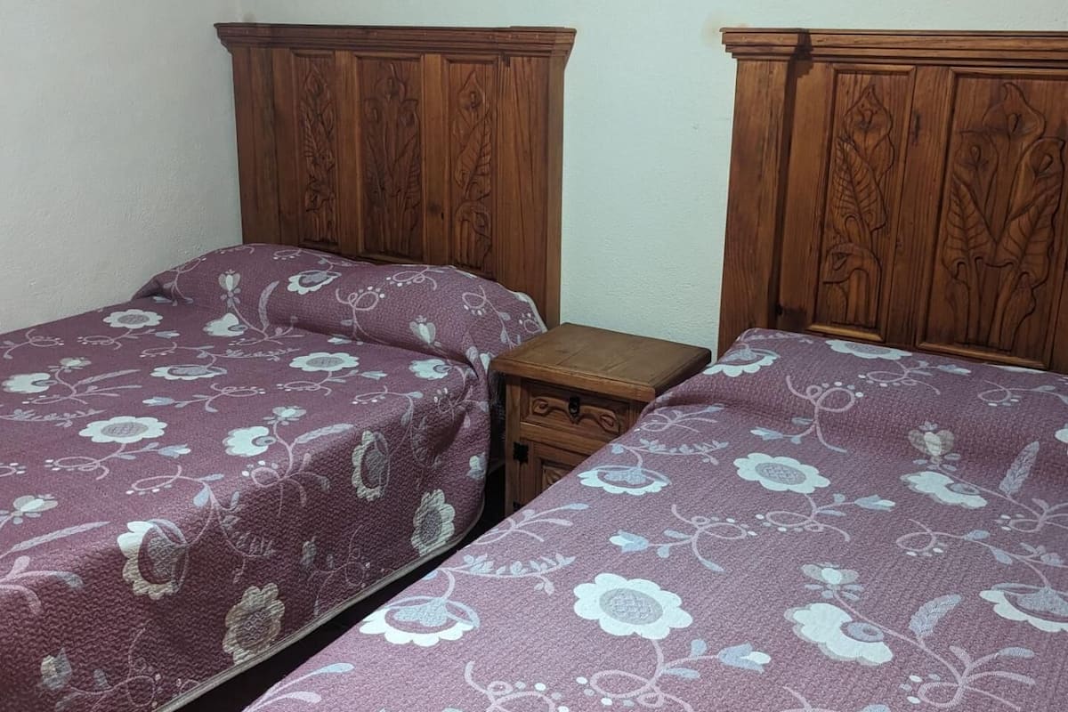 A bedroom with two single beds, wooden headboards, and a small wooden nightstand between them.