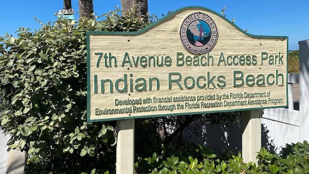 A sign for 7th Avenue Beach Access Park at Indian Rocks Beach, developed with financial assistance from the Florida Department of Environmental Protection.