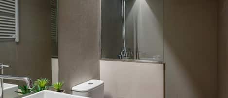 Hair dryer, towels, soap, toilet paper