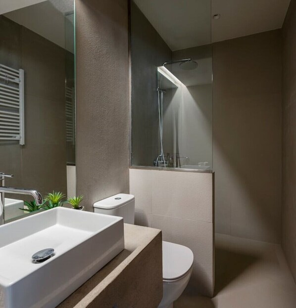 Hair dryer, towels, soap, toilet paper
